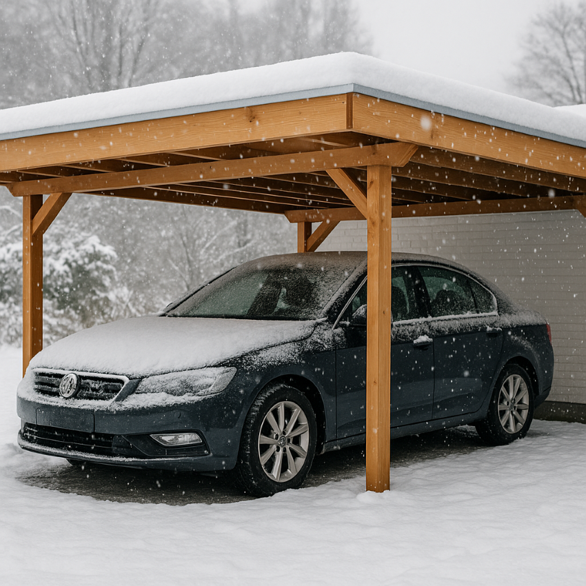 Carport met auto onder een houten overkapping in de sneeuw bij een huis – bescherming tegen winterweer en sneeuwval.