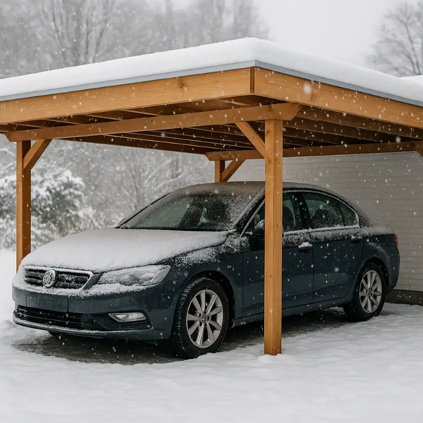 Carport met auto onder een houten overkapping in de sneeuw bij een huis – bescherming tegen winterweer en sneeuwval.