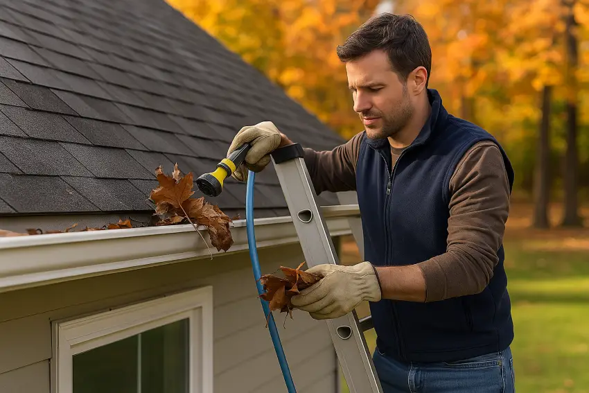 Een man op een ladder maakt een dakgoot schoon tijdens de herfst, verwijdert bladeren en spoelt de goot door om zijn huis winterklaar te maken.