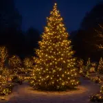 Een adembenemende wintertuin tijdens het blauwe uur met een majestueuze kerstboom, rijk versierd met warm-witte LED-verlichting en omringd door subtiele lichtaccenten in de sneeuw.