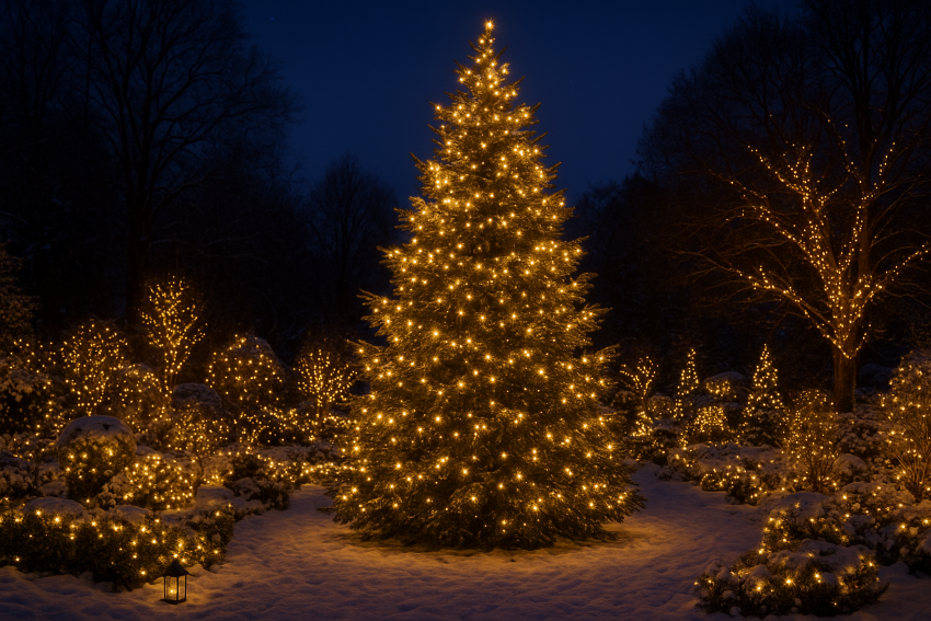 Een adembenemende wintertuin tijdens het blauwe uur met een majestueuze kerstboom, rijk versierd met warm-witte LED-verlichting en omringd door subtiele lichtaccenten in de sneeuw.