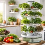 Zelfgebouwde hydroponics grow tower met verse sla, kruiden en aardbeien in een lichte keukenomgeving