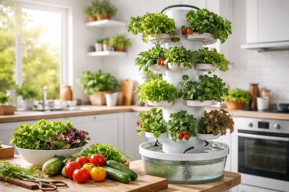 Zelfgebouwde hydroponics grow tower met verse sla, kruiden en aardbeien in een lichte keukenomgeving