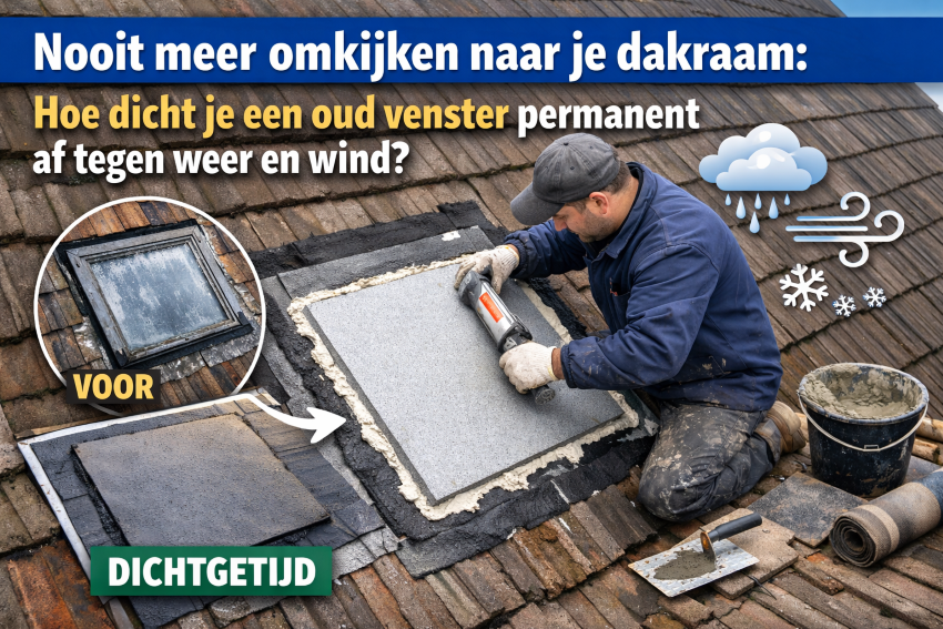 Vakman die een oud dakraam permanent afdicht met isolatie en waterdichte afwerking op een schuin dak