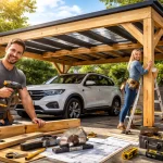 Man en vrouw bouwen samen een houten carport in de tuin met gereedschap en bouwtekening, terwijl een auto beschermd onder de constructie staat.