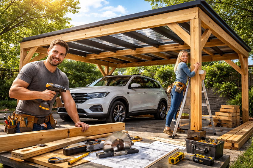 Man en vrouw bouwen samen een houten carport in de tuin met gereedschap en bouwtekening, terwijl een auto beschermd onder de constructie staat.