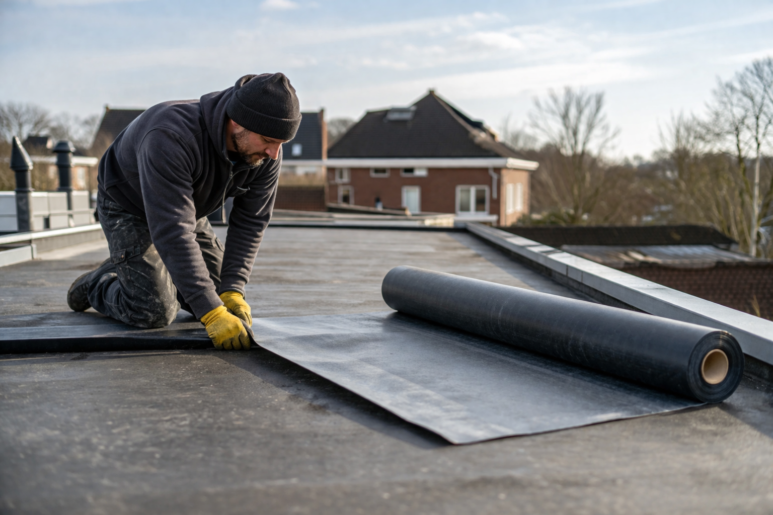 Dakwerker installeert EPDM folie op een plat dak in woonwijk voor duurzame dakbedekking