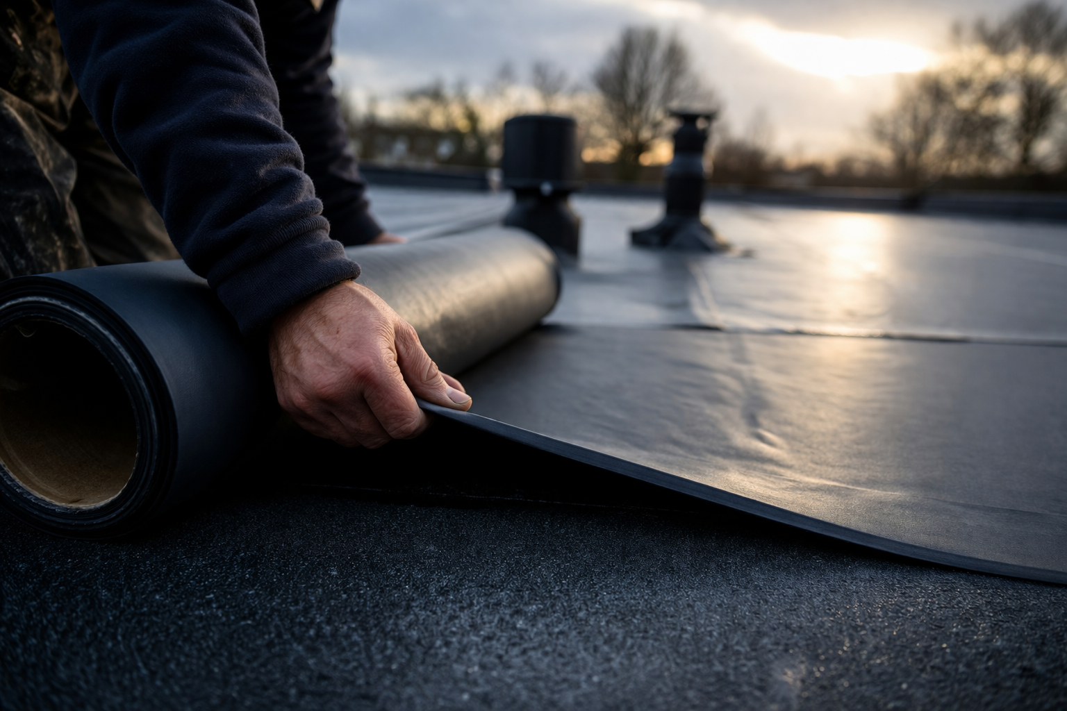 EPDM dakbedekking wordt nauwkeurig uitgerold op een plat dak tijdens installatie bij zonsondergang